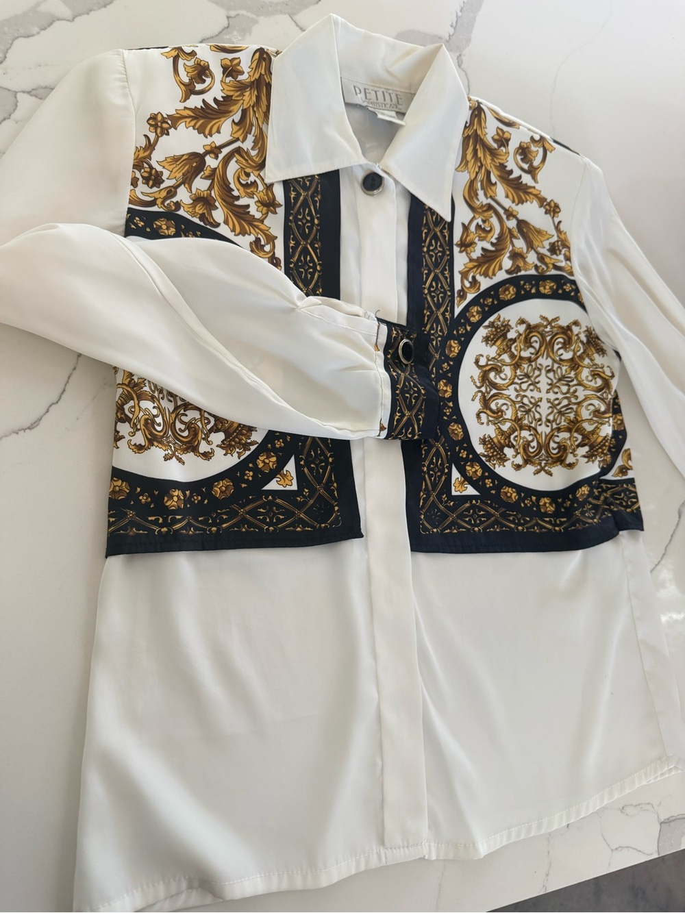 Petite Sophisticate White Button-Front Blouse with Black & Gold Accents